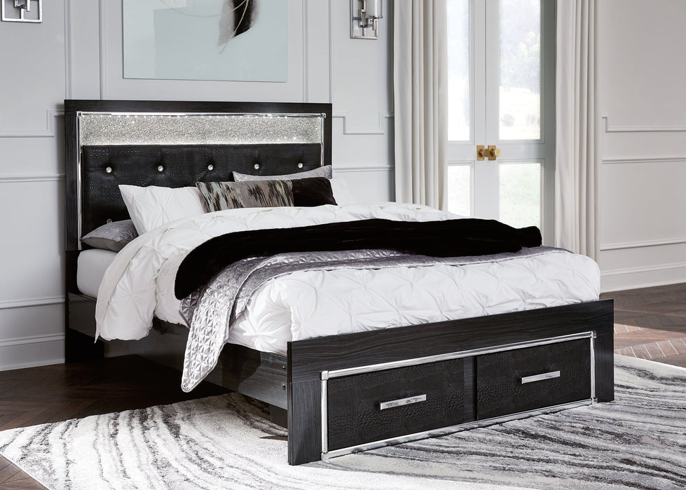 Kaydell Queen Upholstered Panel Storage Platform Bed with Mirrored Dresser, Chest and Nightstand Tuscaloosa Furniture Outlet