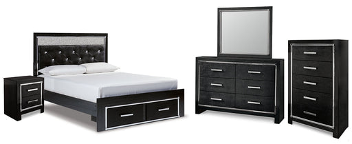 Kaydell Queen Upholstered Panel Storage Platform Bed with Mirrored Dresser, Chest and Nightstand Tuscaloosa Furniture Outlet