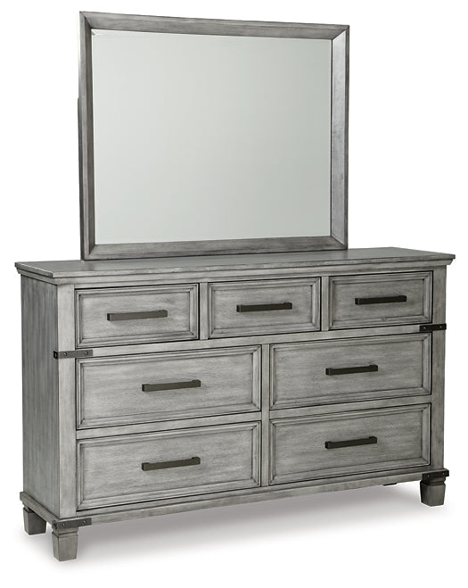 Russelyn King Storage Bed with Mirrored Dresser and Chest Tuscaloosa Furniture Outlet