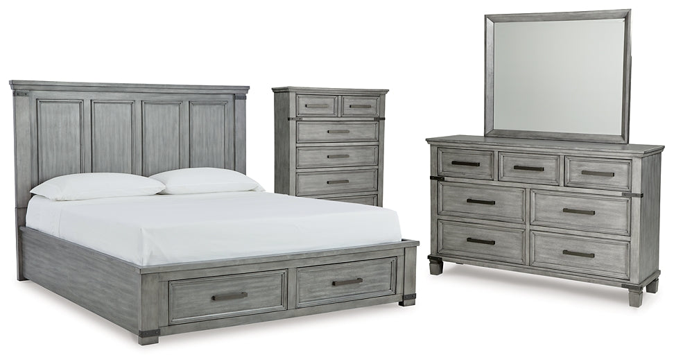 Russelyn King Storage Bed with Mirrored Dresser and Chest Tuscaloosa Furniture Outlet