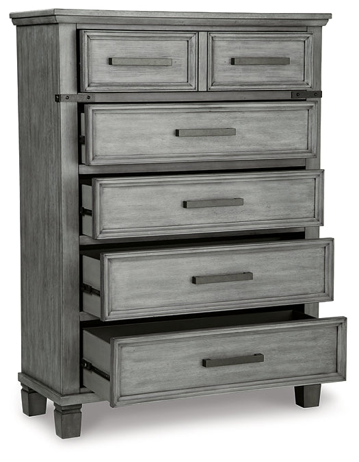 Russelyn King Storage Bed with Mirrored Dresser and Chest Tuscaloosa Furniture Outlet