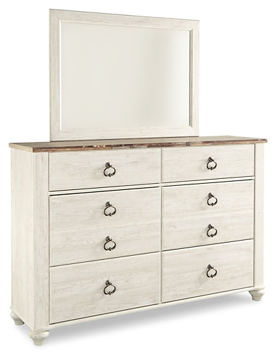 Willowton California King Panel Bed with Mirrored Dresser and 2 Nightstands Tuscaloosa Furniture Outlet