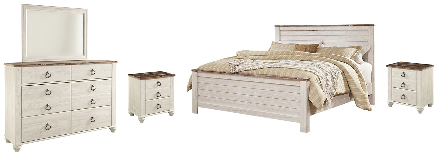 Willowton California King Panel Bed with Mirrored Dresser and 2 Nightstands Tuscaloosa Furniture Outlet