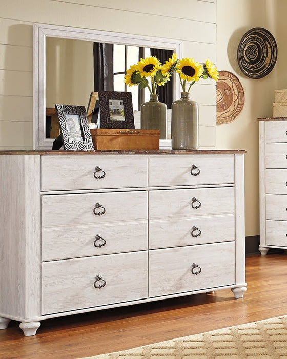 Willowton California King Panel Bed with Mirrored Dresser and 2 Nightstands Tuscaloosa Furniture Outlet