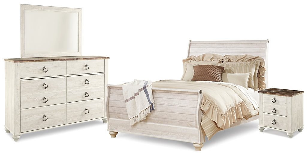 Willowton Queen Sleigh Bed with Mirrored Dresser and Nightstand Tuscaloosa Furniture Outlet