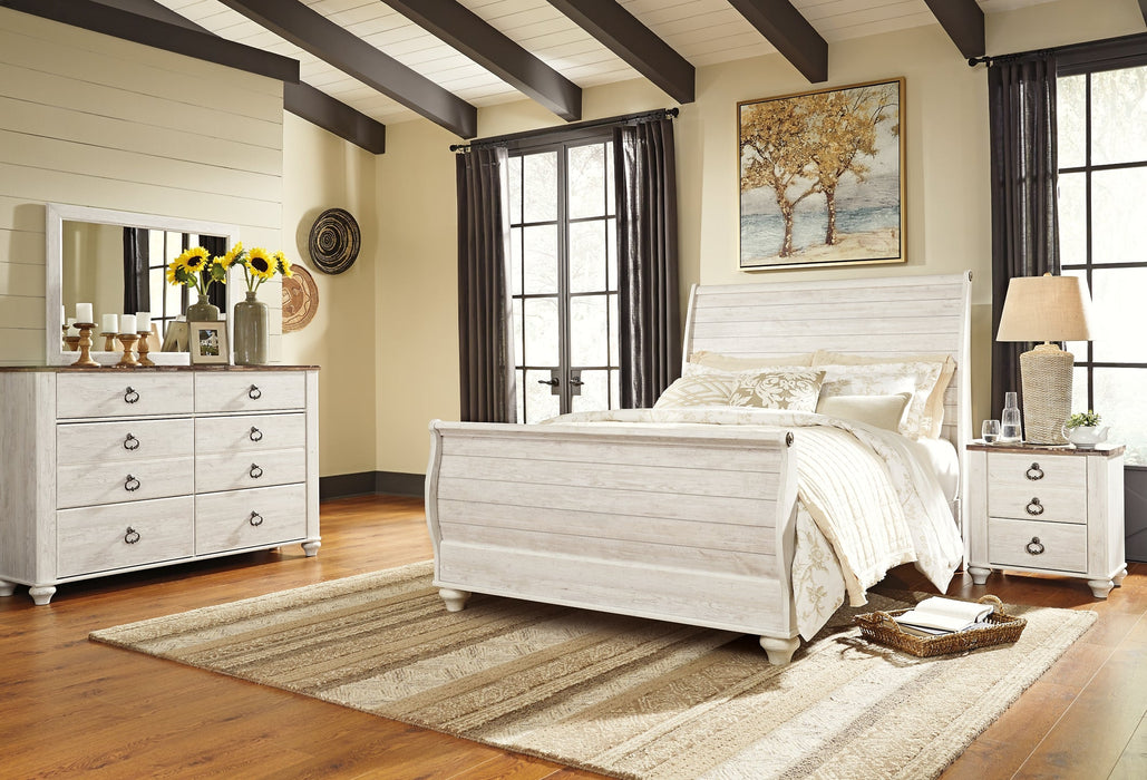 Willowton Queen Sleigh Bed with Mirrored Dresser and Nightstand Tuscaloosa Furniture Outlet