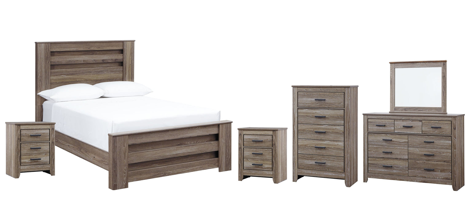 Zelen Full Panel Bed with Mirrored Dresser, Chest and 2 Nightstands Tuscaloosa Furniture Outlet