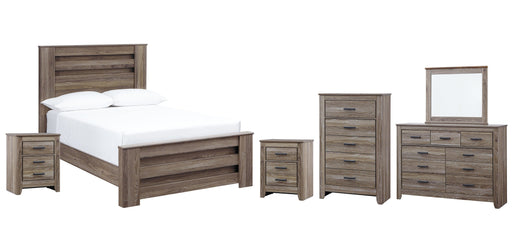 Zelen Full Panel Bed with Mirrored Dresser, Chest and 2 Nightstands Tuscaloosa Furniture Outlet