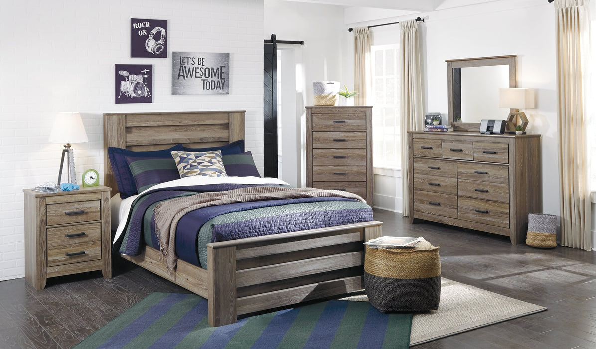 Zelen Full Panel Bed with Mirrored Dresser, Chest and 2 Nightstands Tuscaloosa Furniture Outlet