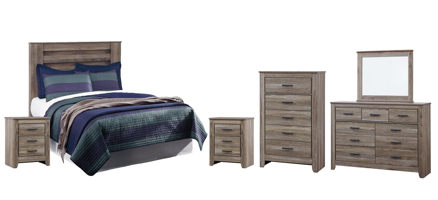 Zelen Full Panel Headboard with Mirrored Dresser, Chest and 2 Nightstands Tuscaloosa Furniture Outlet