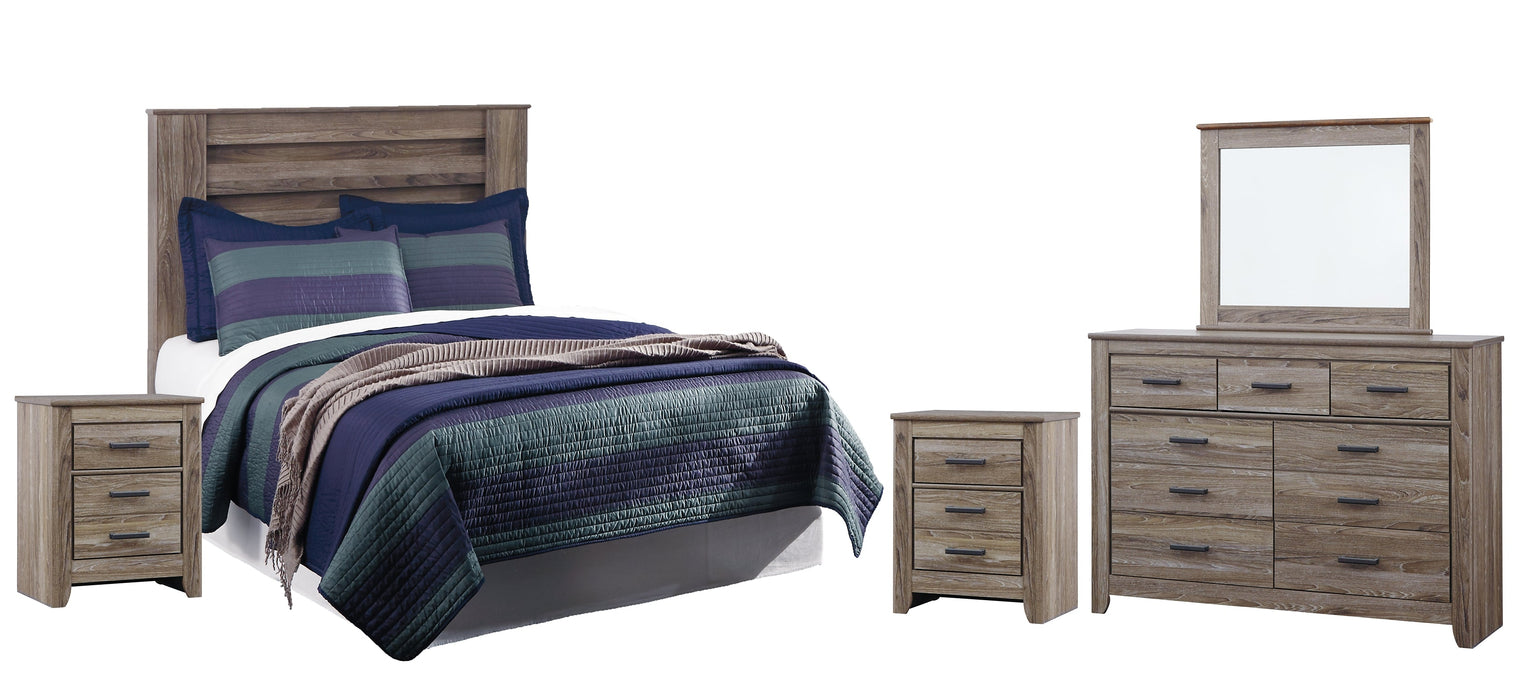 Zelen Full Panel Headboard with Mirrored Dresser and 2 Nightstands Tuscaloosa Furniture Outlet