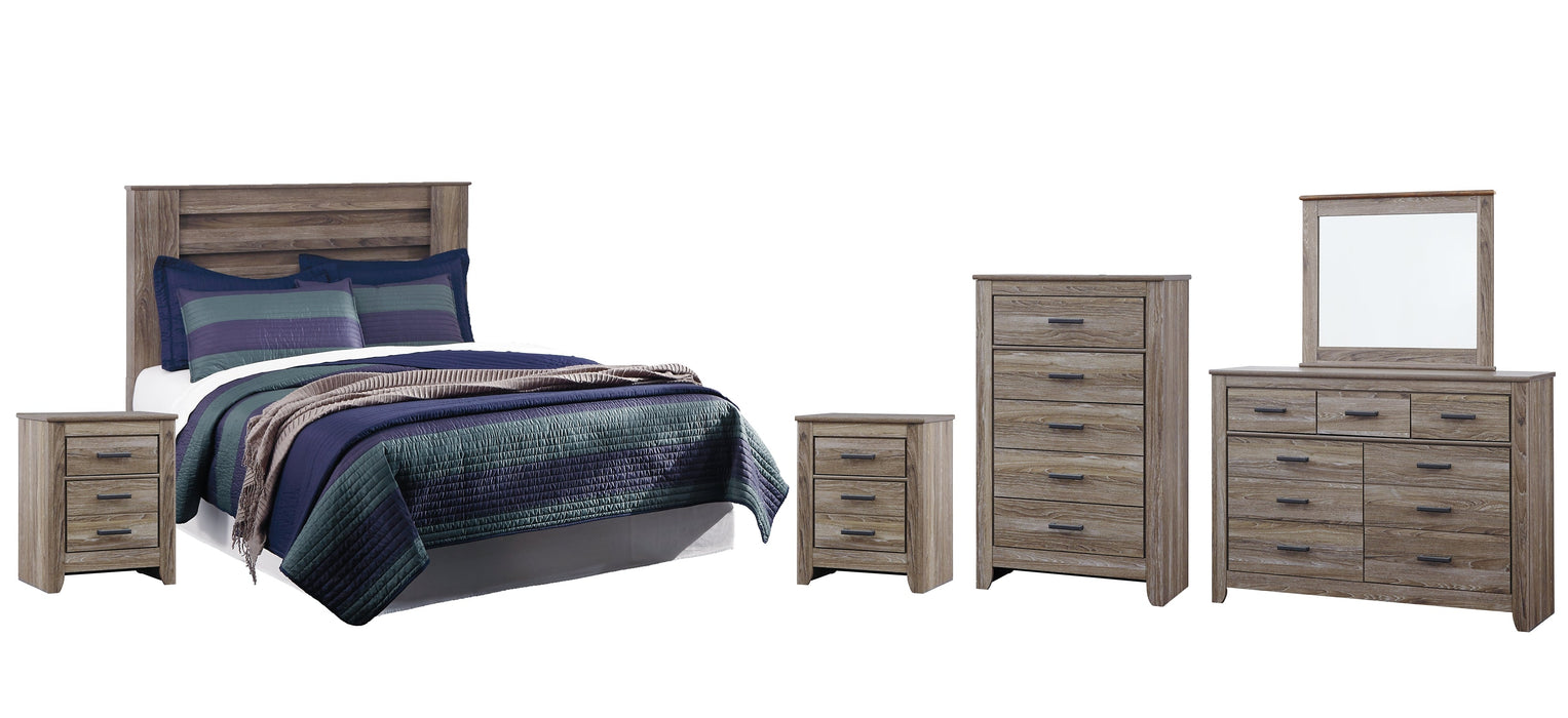 Zelen King/California King Panel Headboard with Mirrored Dresser, Chest and 2 Nightstands Tuscaloosa Furniture Outlet