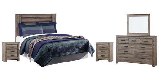 Zelen King/California King Panel Headboard with Mirrored Dresser and 2 Nightstands Tuscaloosa Furniture Outlet