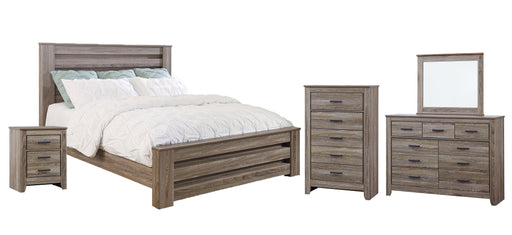 Zelen King Panel Bed with Mirrored Dresser, Chest and 2 Nightstands Tuscaloosa Furniture Outlet