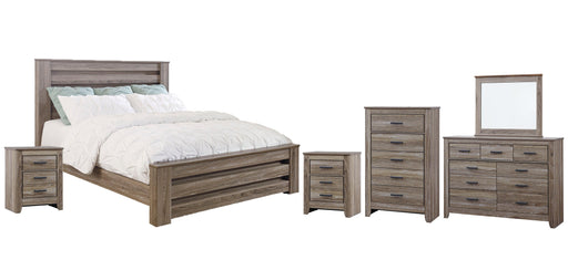 Zelen King Panel Bed with Mirrored Dresser, Chest and 2 Nightstands Tuscaloosa Furniture Outlet