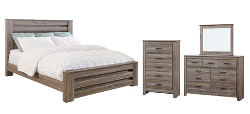 Zelen King Panel Bed with Mirrored Dresser, Chest and Nightstand Tuscaloosa Furniture Outlet