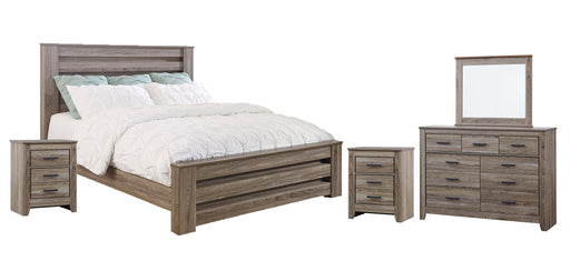 Zelen King Panel Bed with Mirrored Dresser and 2 Nightstands Tuscaloosa Furniture Outlet