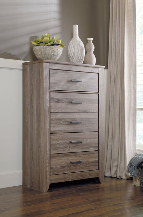 Zelen King Panel Bed with Mirrored Dresser and Chest Tuscaloosa Furniture Outlet