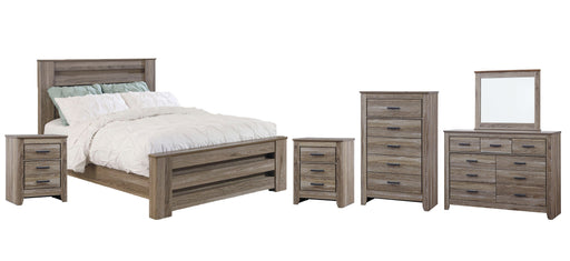 Zelen Queen Panel Bed with Mirrored Dresser, Chest and 2 Nightstands Tuscaloosa Furniture Outlet