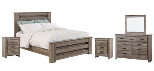 Zelen Queen Panel Bed with Mirrored Dresser and 2 Nightstands Tuscaloosa Furniture Outlet