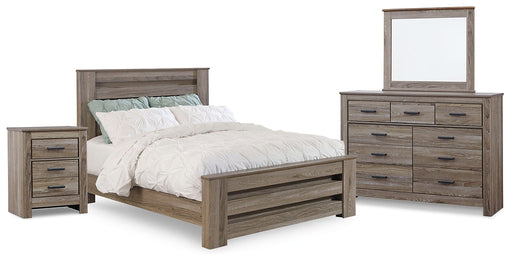 Zelen Queen Panel Bed with Mirrored Dresser and Nightstand Tuscaloosa Furniture Outlet