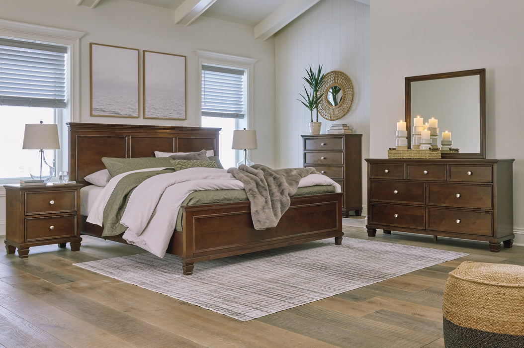 Danabrin King Panel Bed with Mirrored Dresser, Chest and 2 Nightstands