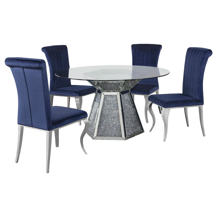 Quinn 5-piece Round Glass Top Mirrored Dining Set Ink Blue