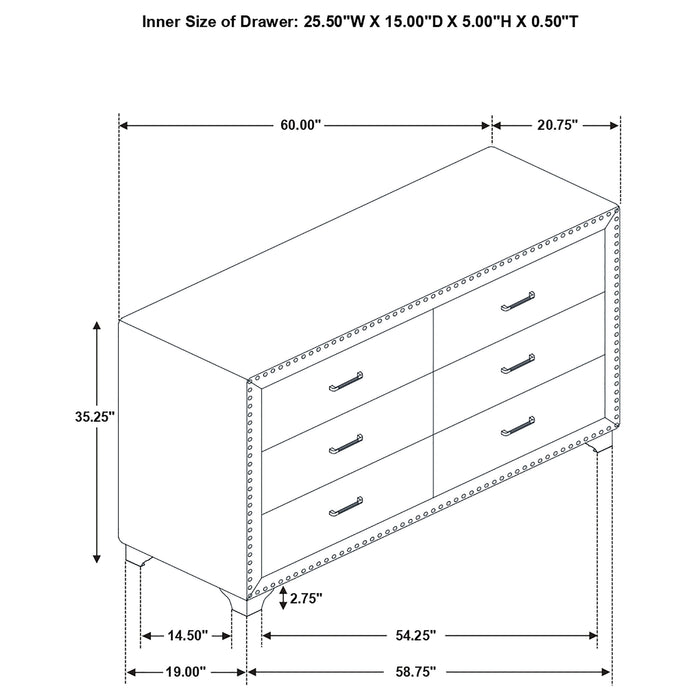 Melody 6-drawer Upholstered Dresser Grey