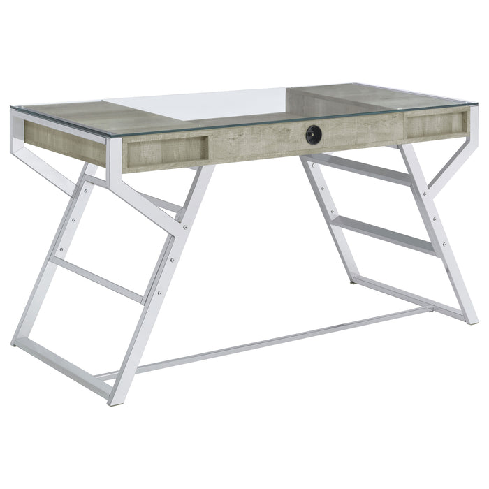 Emelle 56-inch Glass Top Writing Desk Grey Driftwood