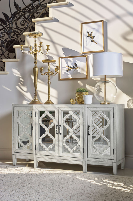 Mckellen 4-door Wood Trellis Accent Cabinet Distressed White